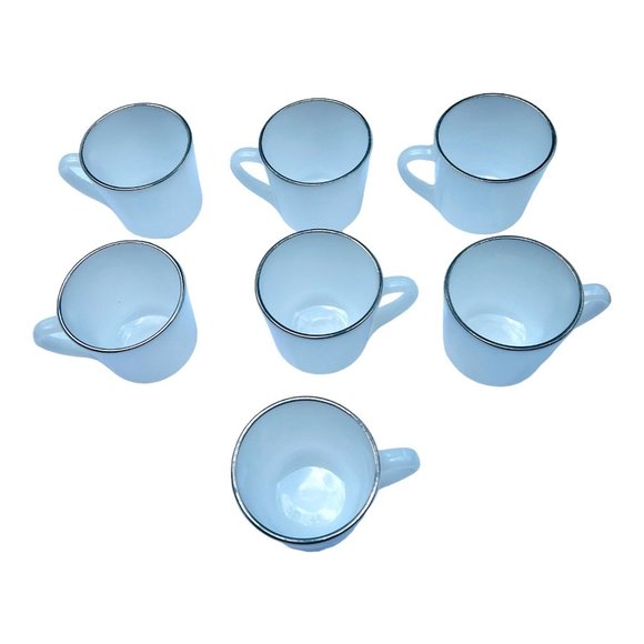 Vintage Anchor Hocking Milk Glass Mugs Set of 7 EUC White With Silver Rim - Picture 8 of 10